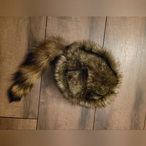 Raccon Hat Frontier Style Real Raccon Tail Faux Fur Cap Youth Small